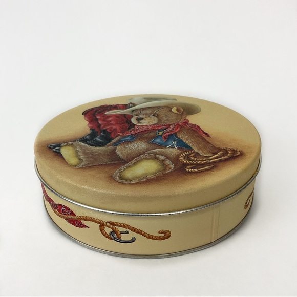 Vintage western cowboy teddy bear decorative storage tin container with lid - Picture 2 of 7